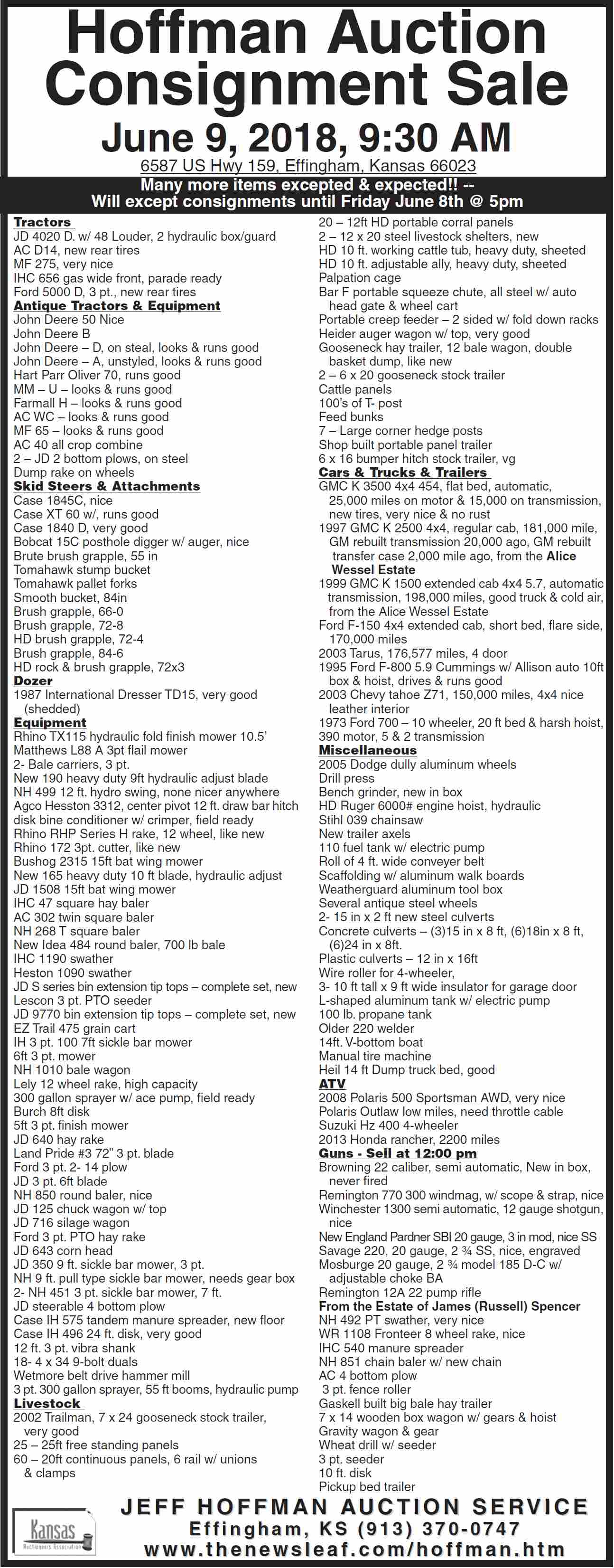 Hoffman Auction Services Jeff Hoffman Auctioneer Effingham Kansas